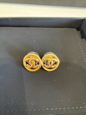 CHANEL Gold Double-C Logo Round Stud Earrings